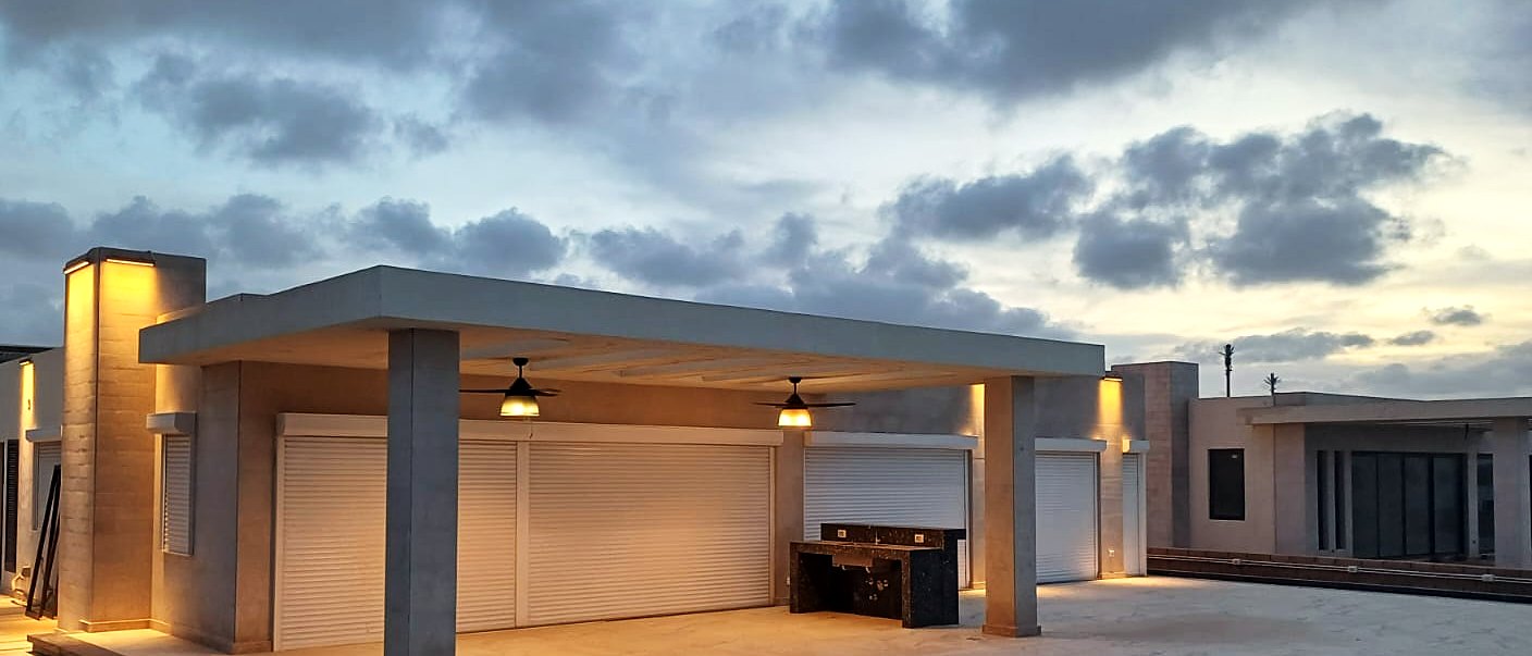 Concrete pergola terrace at blue hour